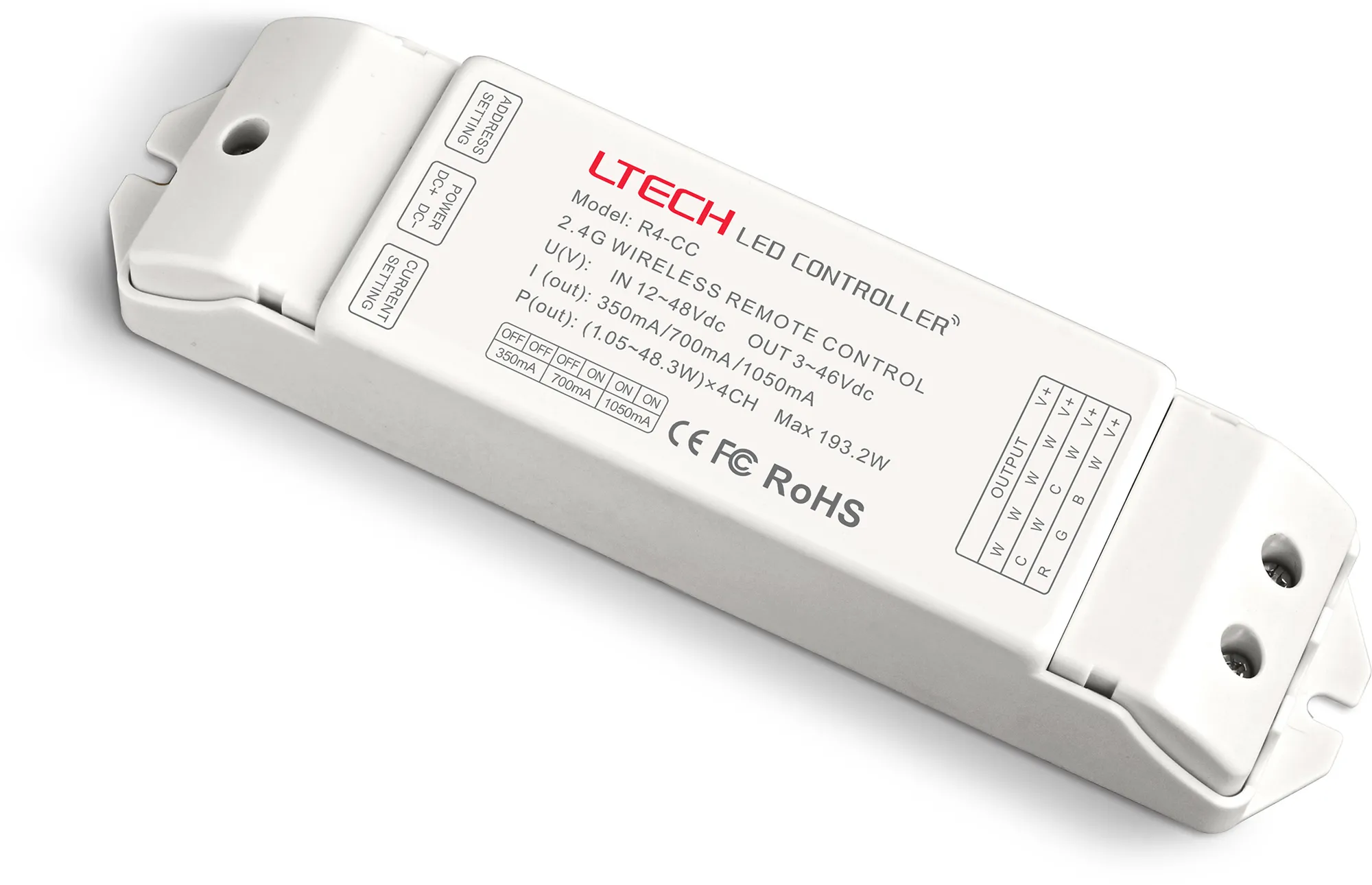 RF 2.4GHz Wireless Receiver CC, 3-46Vdc 350mA/700mA/1050mA x 4CH 1-194W, IP44. R4-CC  LTECH Wireless Receiver